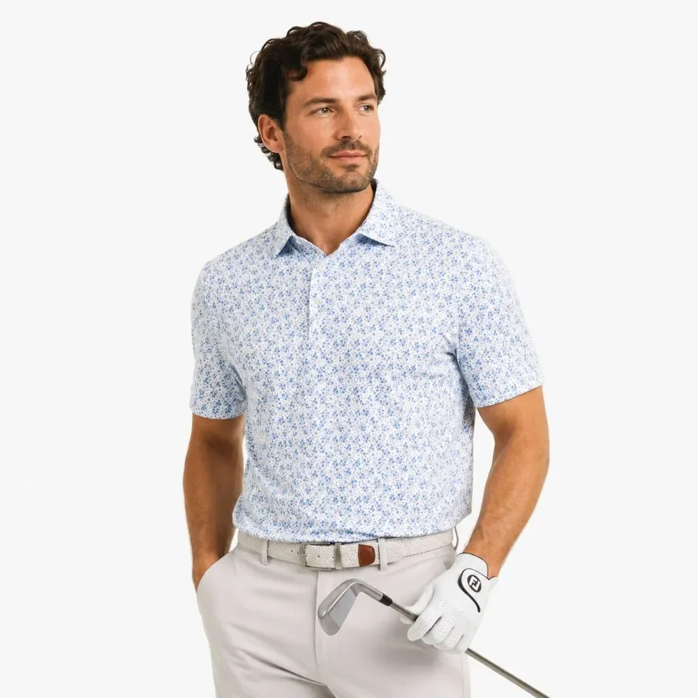 Donald Ross Men's Large Floral Performance Golf Polo Blue White Stretch